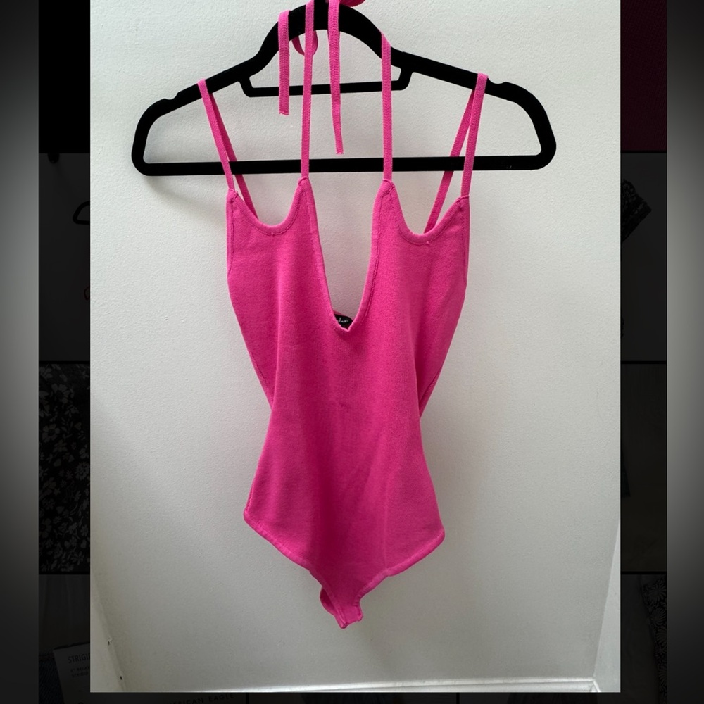 Pink knit body suit with sexy tie straps #bodysuit